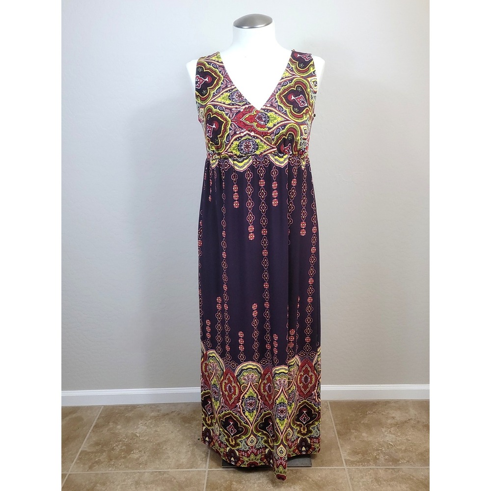 Rhapsody Maxi Dress Womens 1X Purple Paisley Sleeveless Empire Waist Y2K Boho